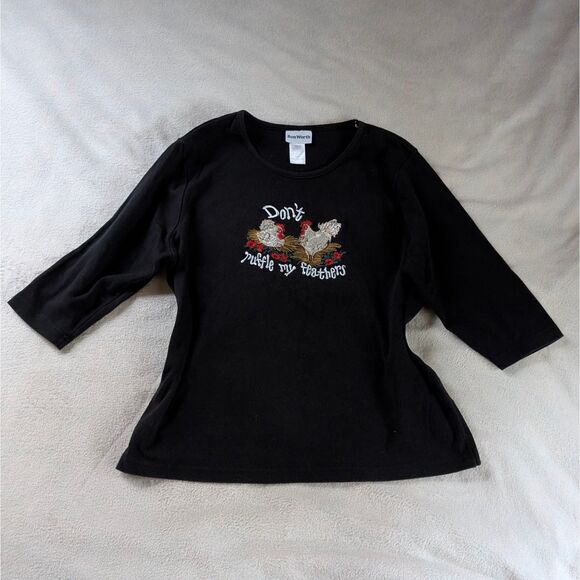 Vintage Embroidered Chicken Shirt Women's Petite Medium/Large Black Funny - Picture 2 of 6